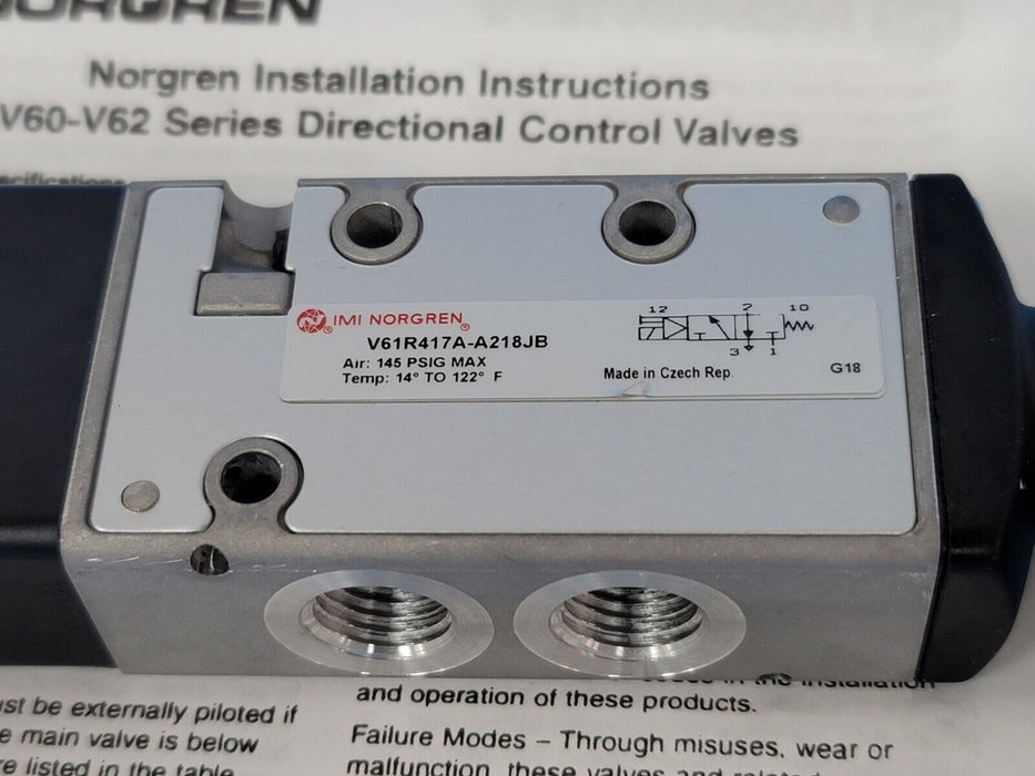NIB NORGREN V61R417A-A218JB PNEUMATIC DIRECT SOLENOID VALVE 3/2NC SOL/SPR