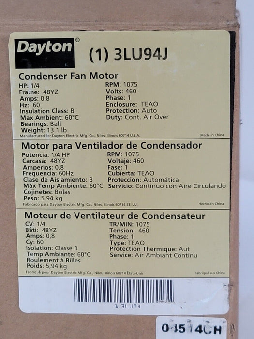 NIB DAYTON 3LU94J CONDENSER FAN MOTOR TYPE: PSC HP: 1/4 RPM: 1075 PH: 1