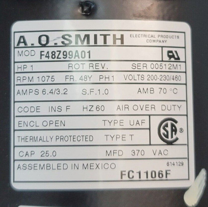 NEW A.O. SMITH F48Z99A01 CONDENSER FAN MOTOR 1HP 1075RPM 60Hz