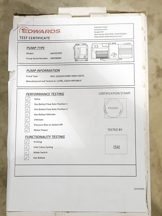 EDWARDS A65201903 RV3 ROTARY VACUUM PUMP 50/60Hz 110/240V (SWITCHABLE) 1-PHASE