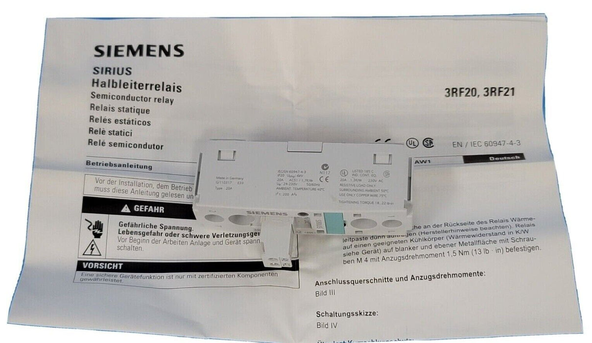 NEW SIEMENS 3RF2120-1AA02 SEMICONDUCTOR RELAY 20A 3RF21201AA02