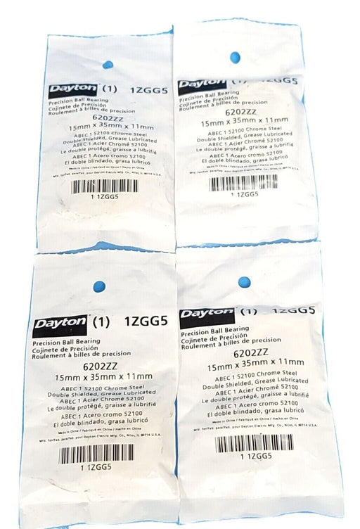 LOT OF 4 NEW DAYTON 1ZGG5 BALL BEARINGS 6202ZZ 15MMX35MMX11MM