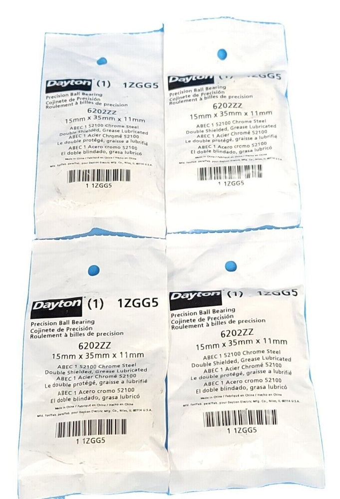 LOT OF 4 NEW DAYTON 1ZGG5 BALL BEARINGS 6202ZZ 15MMX35MMX11MM