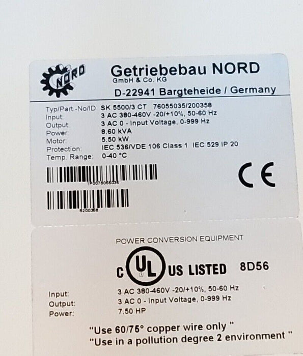 GmbH & CO NORD SK-5500/3 CT AC VECTOR DRIVE 5.5kW/7.5HP 50/60Hz SK55003CT