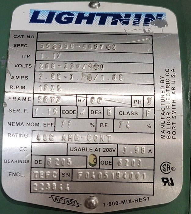 LIGHTNIN XD-117AM CLAMP MOUNT MIXER 1.17HP 208-230/460V XD117AM 35S336-008762