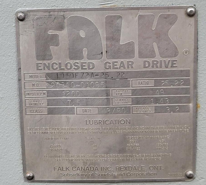 NEW FALK 1050FZ2A-25.22 / 1050FZ2A2522 ENCLOSED GEAR DRIVE 25:1 7.5HP 1200RPM