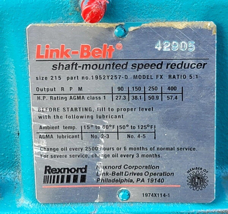 REPAIRED REXNORD FALK 1952Y257-D / 1952Y257D LINK-BELT REDUCER 5:1 MODEL FX 215