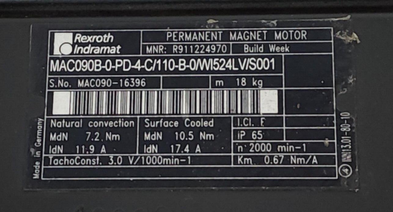 REPAIRED REXROTH INDRAMAT MAC090B-0-PD-4-C/110-B-0/WI524LV/S001 SERVO R911224970