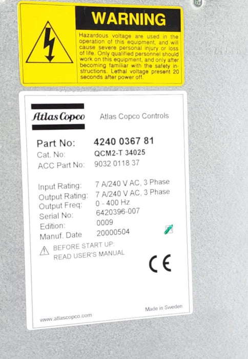 ATLAS COPCO 4240 0367 81 / 4240036781 SERVO DRIVE EDITION: 0009 QCM2-T 340 25