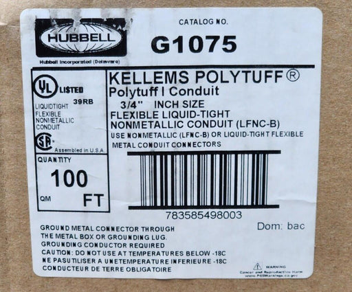 NIB HUBBELL G1075 KELLEMS POLYTUFF CONDUIT 3/4'' FLEXIBLE LIQUID TIGHT 100FT