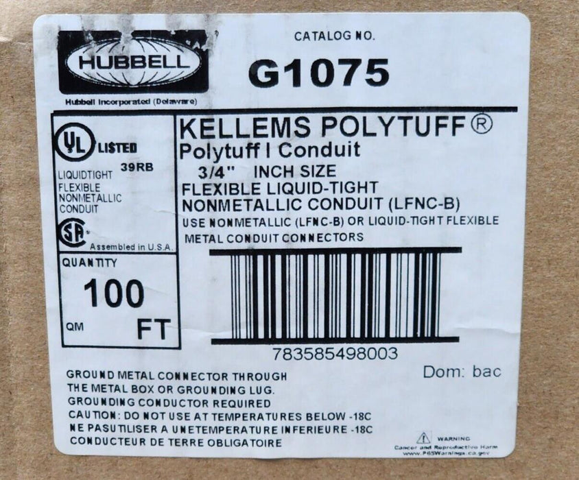 NIB HUBBELL G1075 KELLEMS POLYTUFF CONDUIT 3/4'' FLEXIBLE LIQUID TIGHT 100FT