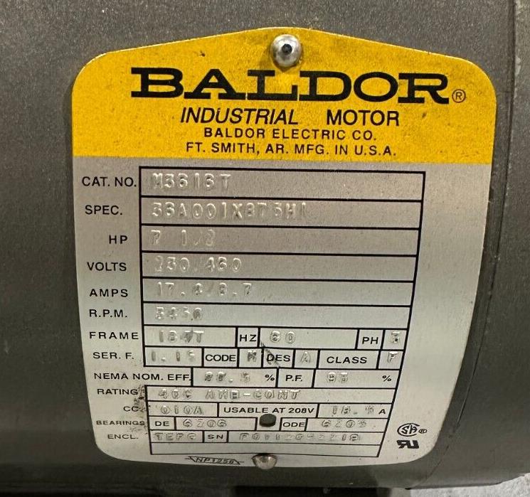 NEW BALDOR M3616T ELECTRIC MOTOR 7.5HP, 3450RPM, 3PH, 60HZ, 184T, 3640M, TEFC