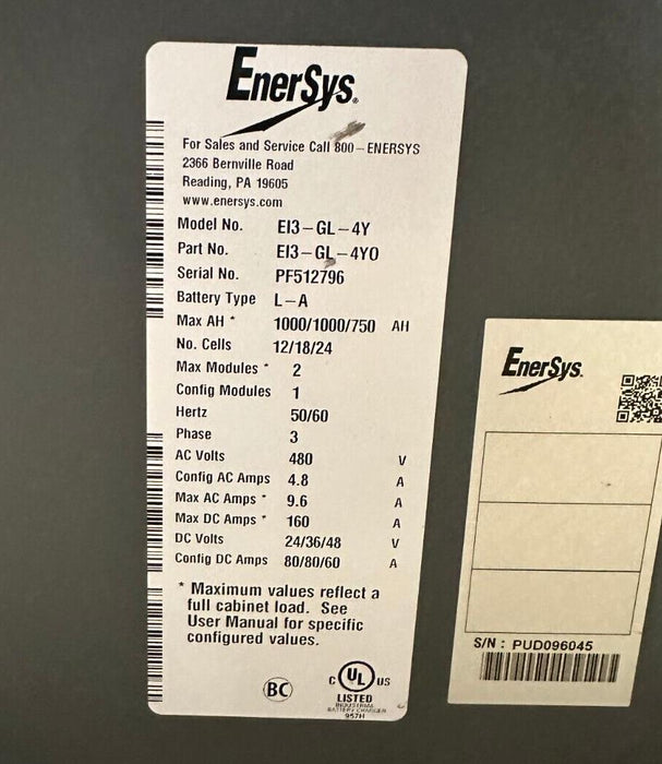 EnerSys EI3-GL-4Y / EI3-GL-4YO EnForcer IMPAQ BATTERY CHARGER EI3GL4Y 480V 4.8A