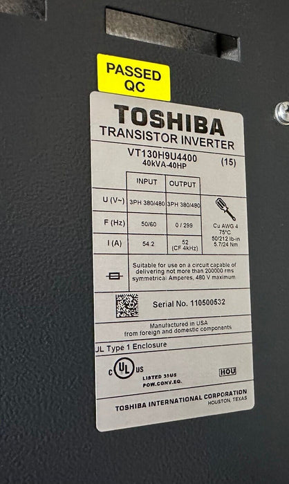 TOSHIBA VT130H9U4400 H9 TRANSISTOR INVERTER DRIVE 40kVA/40HP 50/60Hz 380/480V