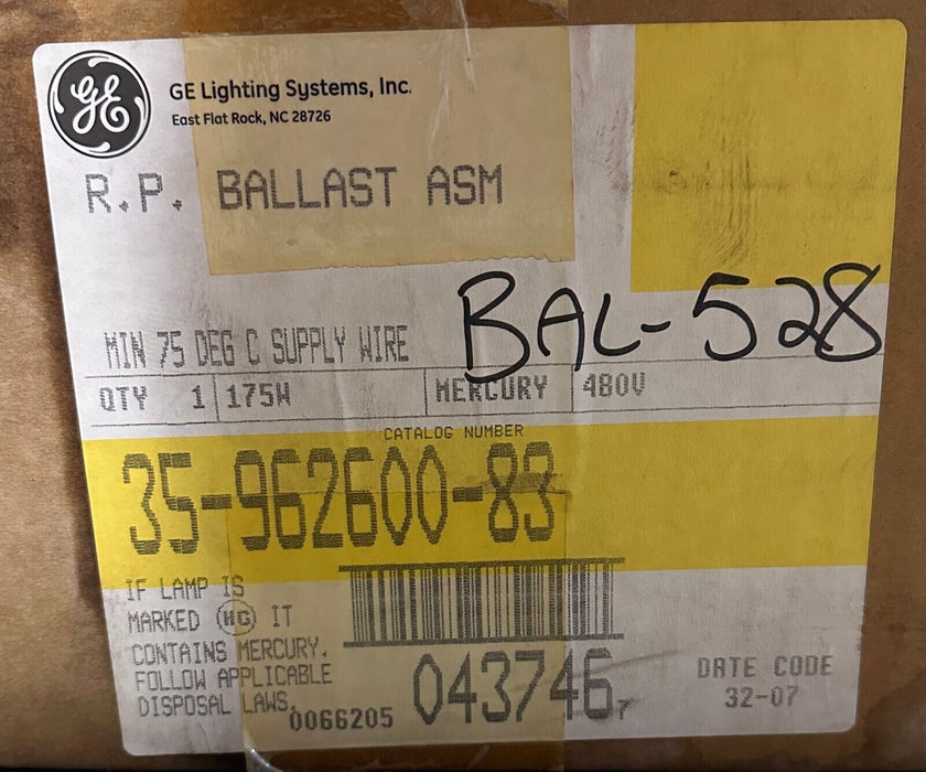 NIB GE 35-962600-83 R.P. BALLAST ASM MIN 75 DEG C SUPPLY WIRE 175W 480V