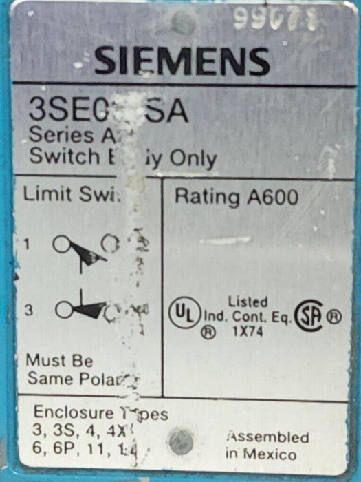 SIEMENS SIEMENS 3SE03-SA LIMIT SWITCH W/ 3SE03-DR1 SER. A1 HEAD