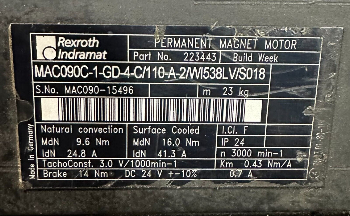 REPAIRED INDRAMAT MAC090C-1-GD-4-C/110-A-2/WI538LV/S018 SERVO MOTOR 6.9Nm 223443