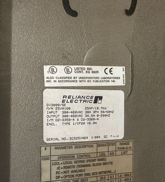 REPAIRED RELIANCE ELECTRIC 25V4160 GV3000/SE AC DRIVE 25HP/18.7kW V. 6.04