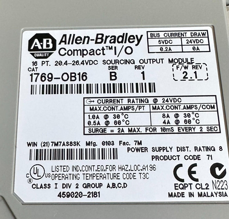 ALLEN BRADLEY 1769-OB16 /B Compact I/O 16-PT SOURCING OUTPUT MODULE 1769OB16 *