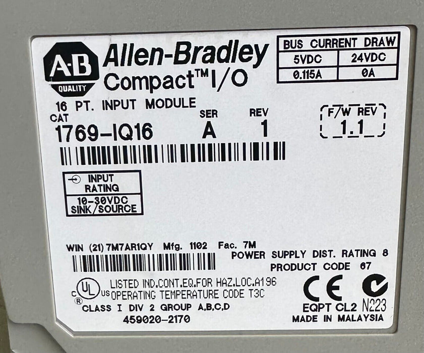 ALLEN BRADLEY 1769-IQ16 /A Compact I/O 16-PT INPUT MODULE FW. 1.1 1769IQ16