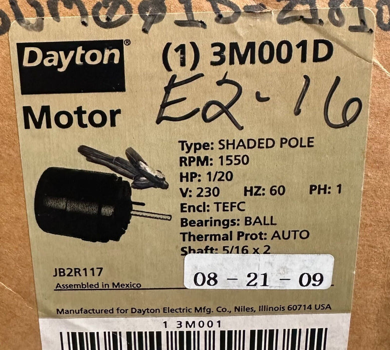 NEW DAYTON 3M001D ELECTRIC MOTOR 1/20HP 230V 60Hz JB2R117 SHADED POLE