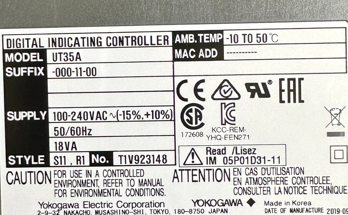 NEW YOKOGAWA UT35A-000-11-00 / UT35A0001100 DIGITAL INDICATING CONTROLLER UT35A