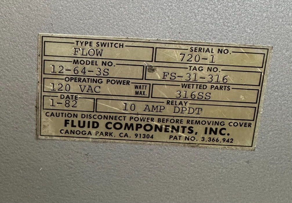 NEW FLUID COMPONETS INC. 12-64-3S / 12643S FLOW SWITCH FS-31-316 120Vac 10A