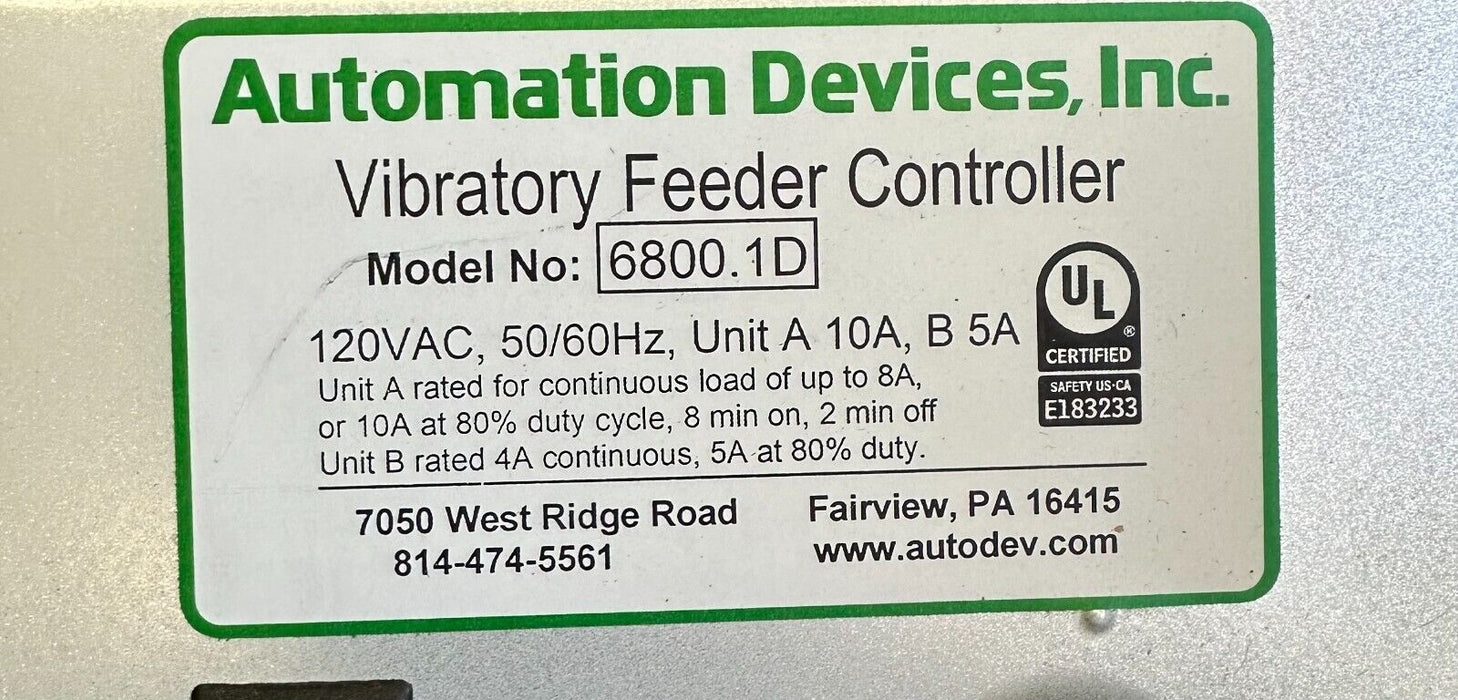 NEW AUTOMATION DEVICES INC. 6800.1D / 68001D VIBRATORY FEEDER CONTROLLER 120VAC