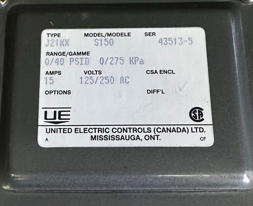 NEW UNITED ELECTRIC J21KX-S150 / J21KXS150 PRESSURE SWITCH J21KX 15A 125/250Vac