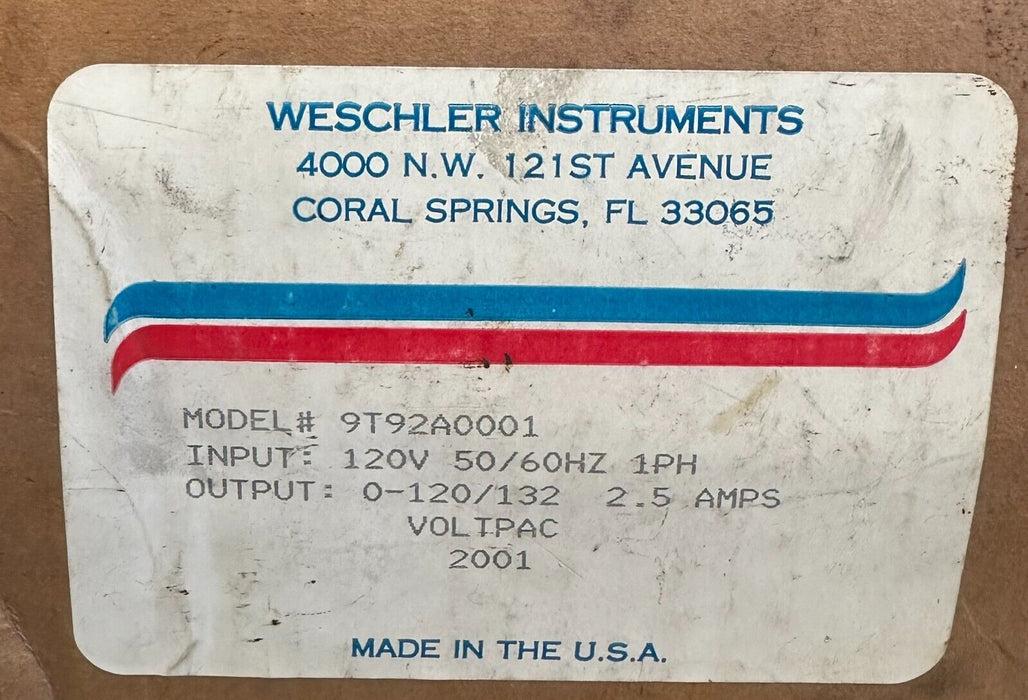 NEW GE WESCHLER INSTRUMENTS 9T92A0001 VARIABLE TRANSFORMER 120V 50/60Hz 1PH