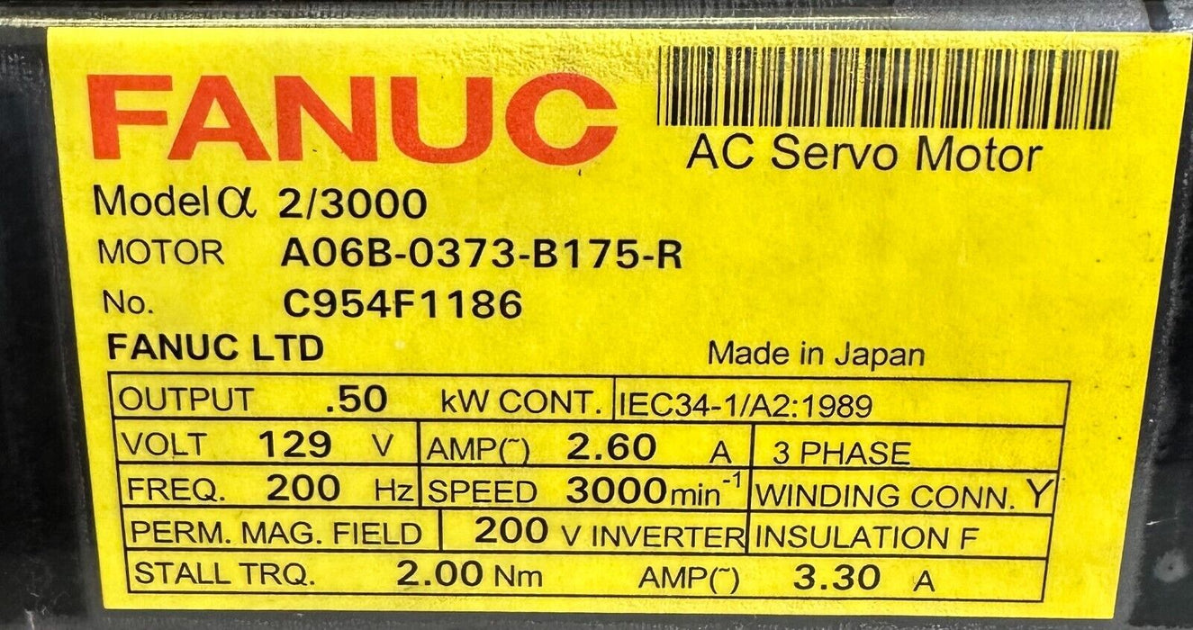 REPAIRED FANUC A06B-0373-B175-R / A06B-0373-B175 AC SERVO MOTOR .5kW a2/3000