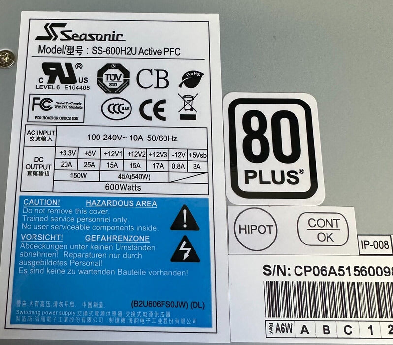 NEW SEASONIC SS-600H2U / SS600H2U ACTIVE PFC POWER SUPPLY 100/240V 10A 50/60Hz