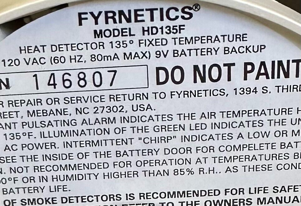 NEW FYRNETICS HD135F HEAT DETECTOR WHITE W/ BATTERY BACKUP 120V 60Hz