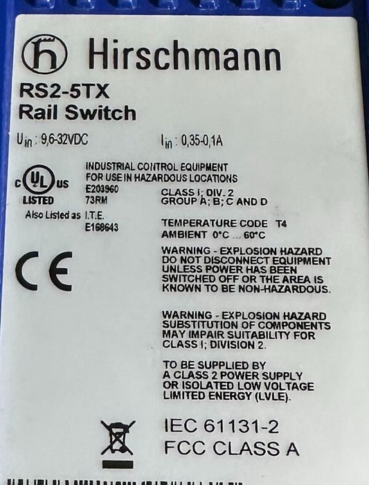 HIRSCHMANN RS2-5TX / RS25TX INDUSTRIAL ETHERNET RAIL SWITCH 5-PORT 32VDC