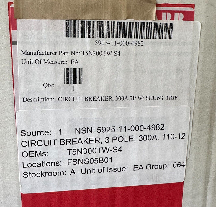 NEW ABB SACE T5N300TWS4 Tmax T5N 400 CIRCUIT BREAKER 300A W/ TRIP UNIT 300A