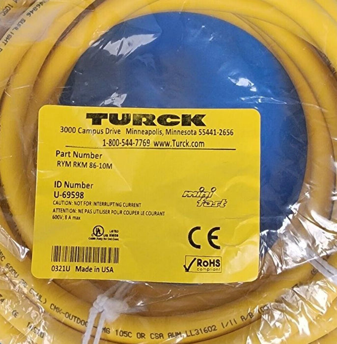 NEW TURCK RYM RKM 86-10M CORDSET DOUBLE-ENDED ID NO. U-69598