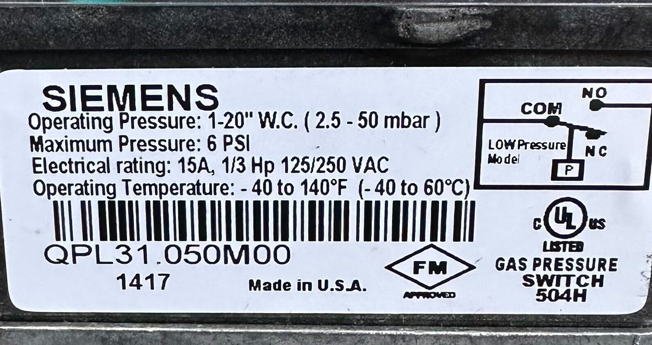 NEW SIEMENS QPL31.050M00 / QPL31050M00 GAS LOW PRESSURE SWITCH 6PSI 15A 1-20''WC