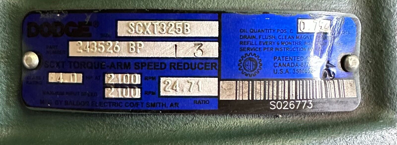 NEW DODGE 243526-BP / 243526BP TORQUE-ARM SPEED REDUCER 24.71:1 RATIO SCXT325B