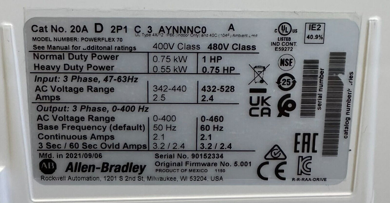 NEW ALLEN BRADLEY 20AD2P1C3AYNNNC0 /A PowerFlex 70 AC DRIVE 0.75kW/1.0HP 2021