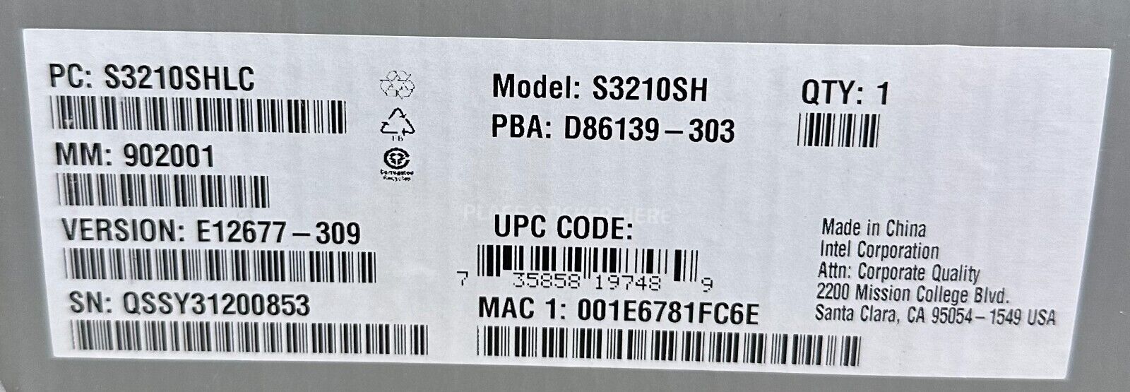 NEW INTEL S3210SHLC SINGLE PROCESSOR SERVER MOTHERBOARD 902001 D86139-303