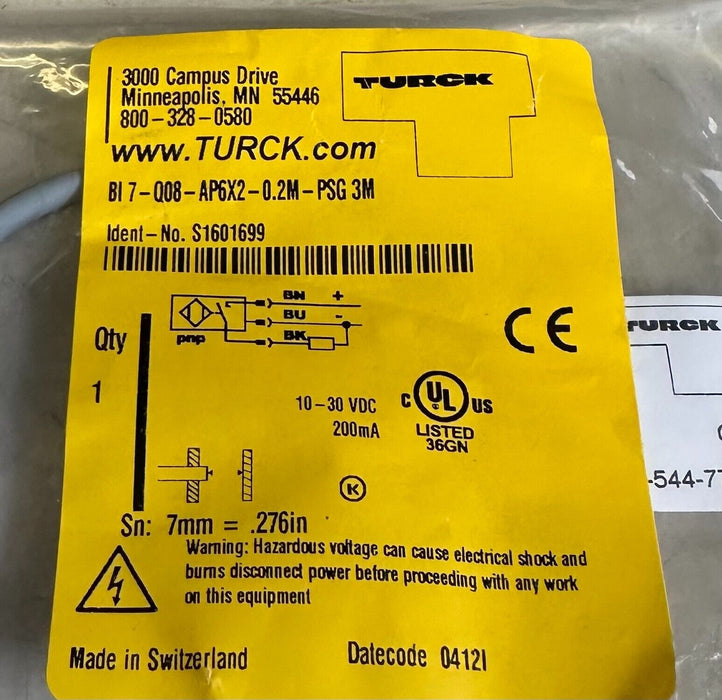 NEW TURCK BI 7-Q08-AP6X2-0.2M-PSG / BI7Q08AP6X202MPSG 3M INDUCTIVE S1601699