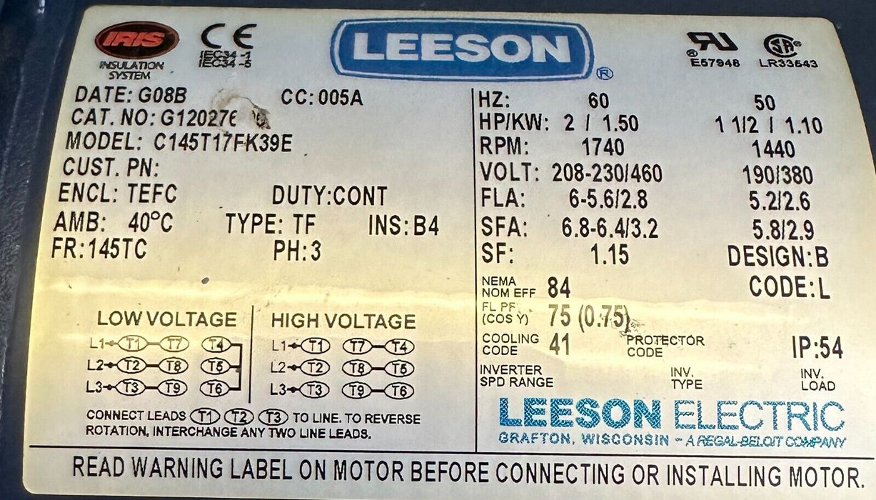 LEESON G120276.00 / G12027600 ELECTRIC MOTOR 1.5kW/2HP 50/60Hz C145T17FK39E