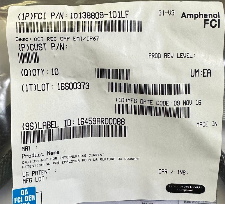 NEW AMPHENOL FCI 10138809-101LF / 10138809101LF OCT REC CAP EMI/IP67 CABLE
