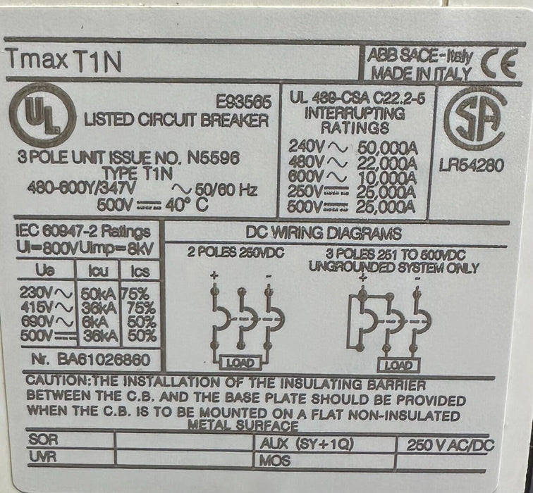 NEW ABB 1SDA061805R1 SACE TMAX T1 N 100 CIRCUIT BREAKER T1N060TLA T1N 3-POLE