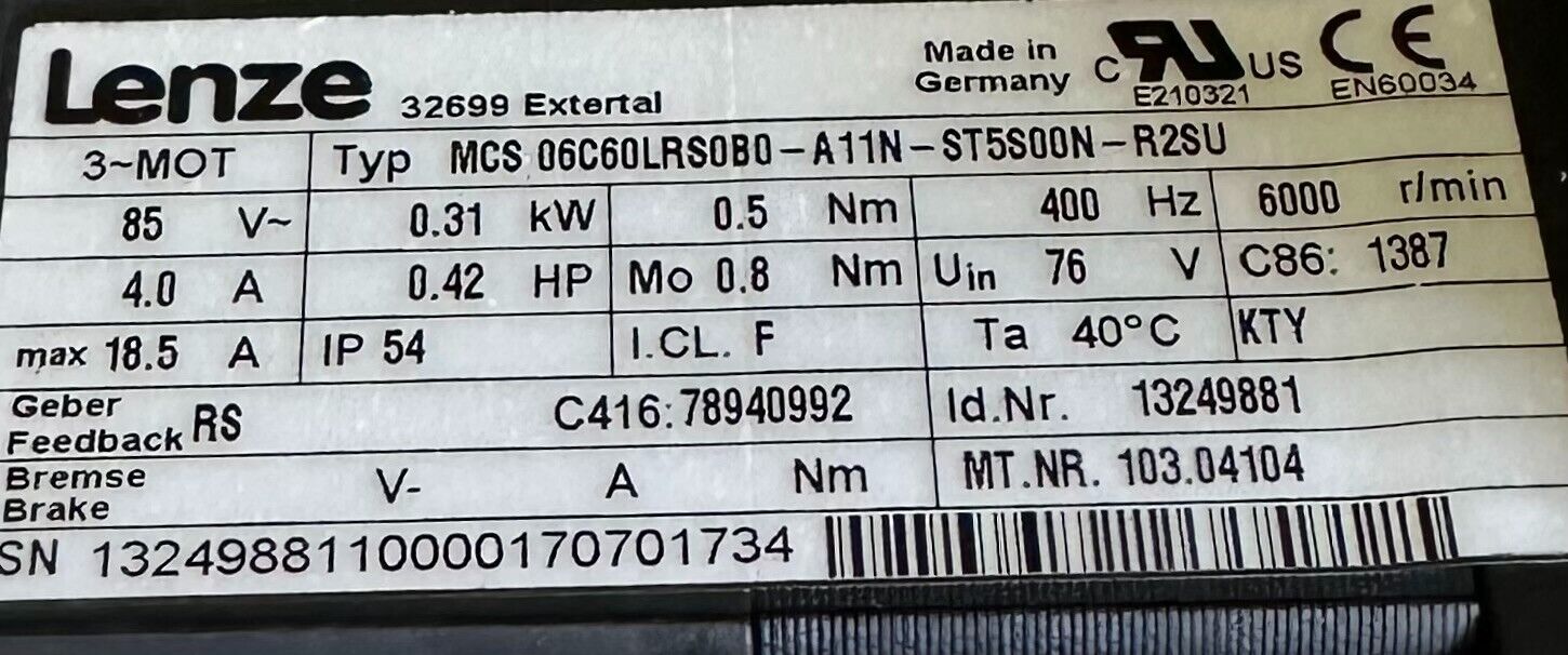 NEW LENZE MCS 06C60LRS0B0-A11N-ST5S00N SERVO MOTOR 0.31kW/0.42HP 13249881