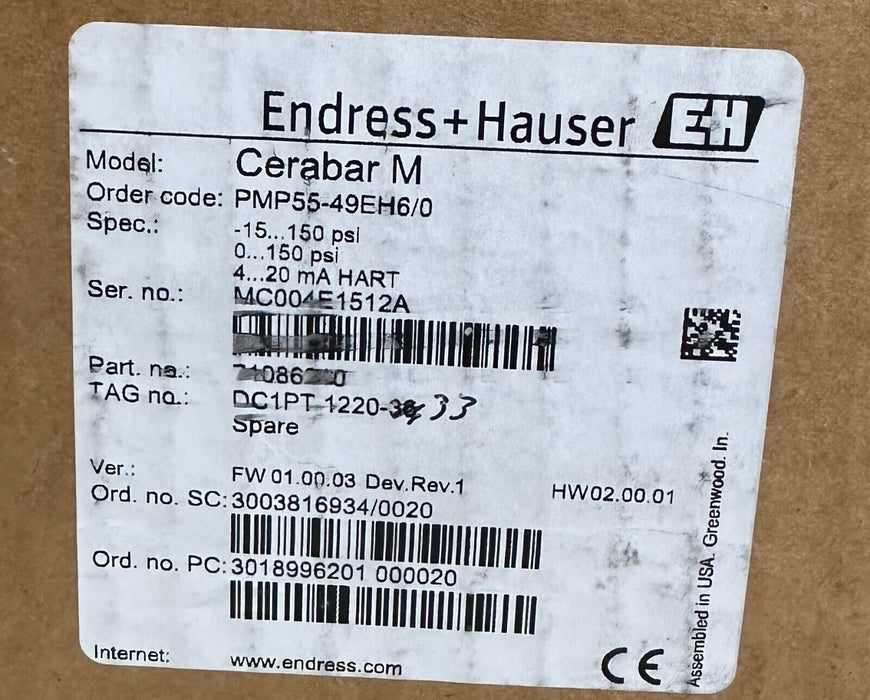 NEW ENDRESS+HAUSER PMP55-49EH6/0 / PMP5549EH60 Cerabar M PRESSURE TRANSMITTER