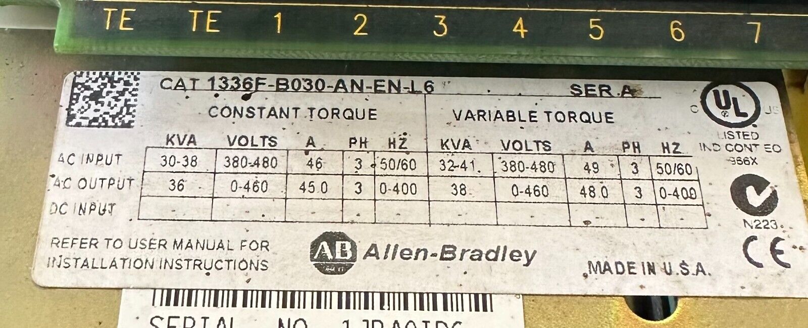 ALLEN BRADLEY 1336F-B030-AN-EN-L6 /A 1336 PLUS II AC DRIVE 22kW/30HP 50/60Hz