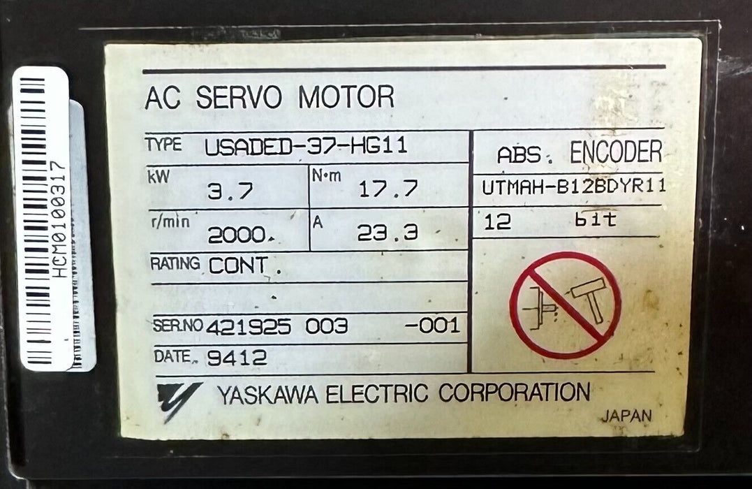 NEW YASKAWA USADED-37-HG11 / USADED37HG11 AC SERVO MOTOR 3.7kW 17.7Nm W/ ENCODER