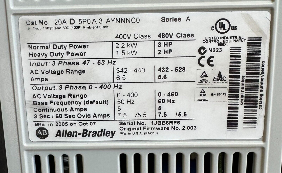 ALLEN BRADLEY 20AD5P0A3AYNNNC0 /A PowerFlex 70 AC DRIVE 2.2kW/3HP W/ 20-HIM-A3