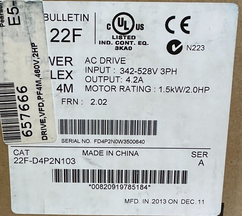 NEW ALLEN BRADLEY 22F-D4P2N103 /A PowerFlex 4M AC DRIVE 1.5kW/2.0HP 22FD4P2N103